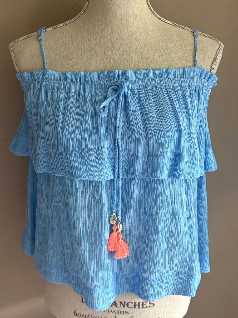 Lilly Pulitzer Mays Lapis Blue Off-Shoulder with. Neon Coral Tassels Camisole